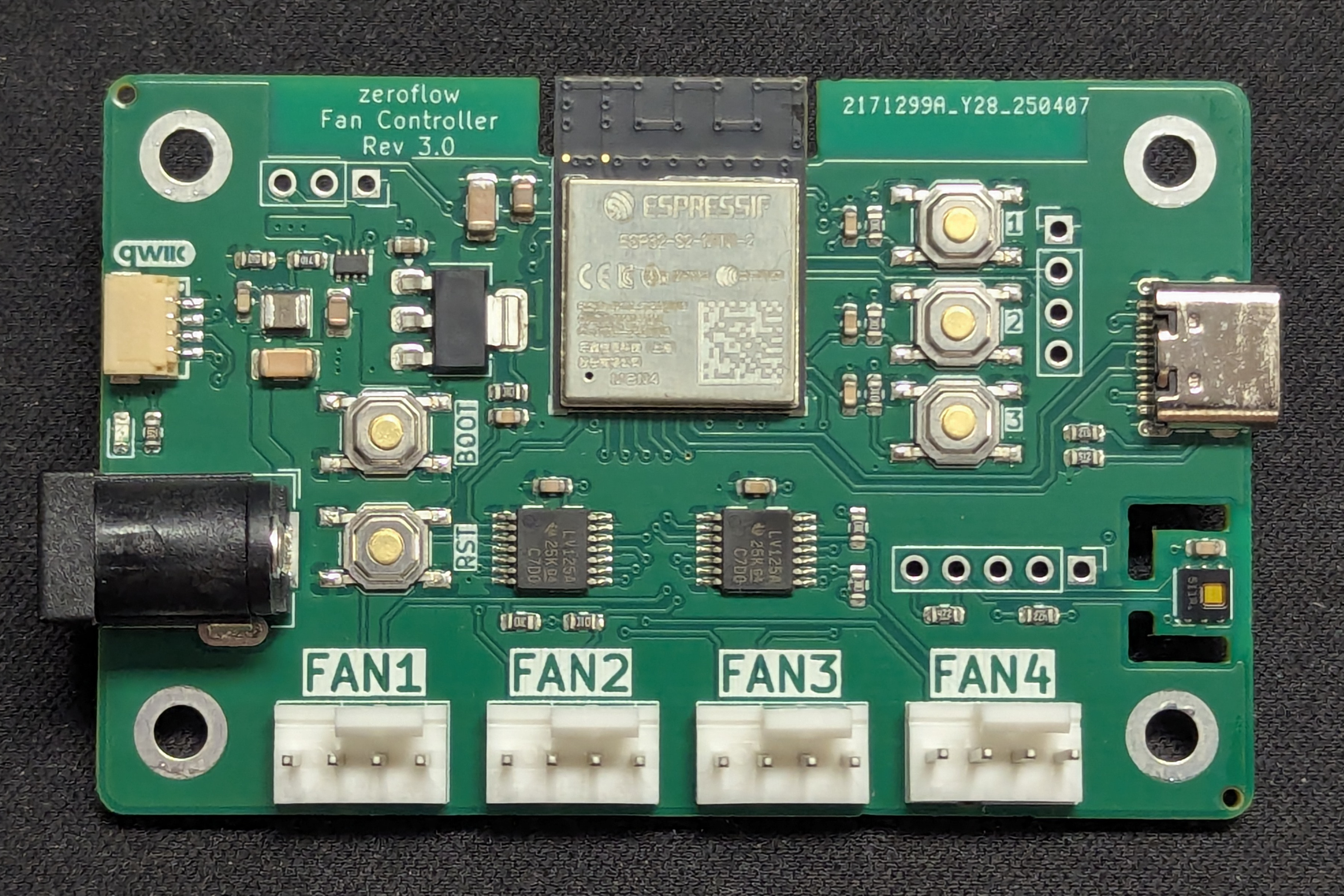 ESP32-S2 WiFi Fan Controller Rev 3.0 PCB front - Qwiic port, NeoPixel expansion, PWM buffering