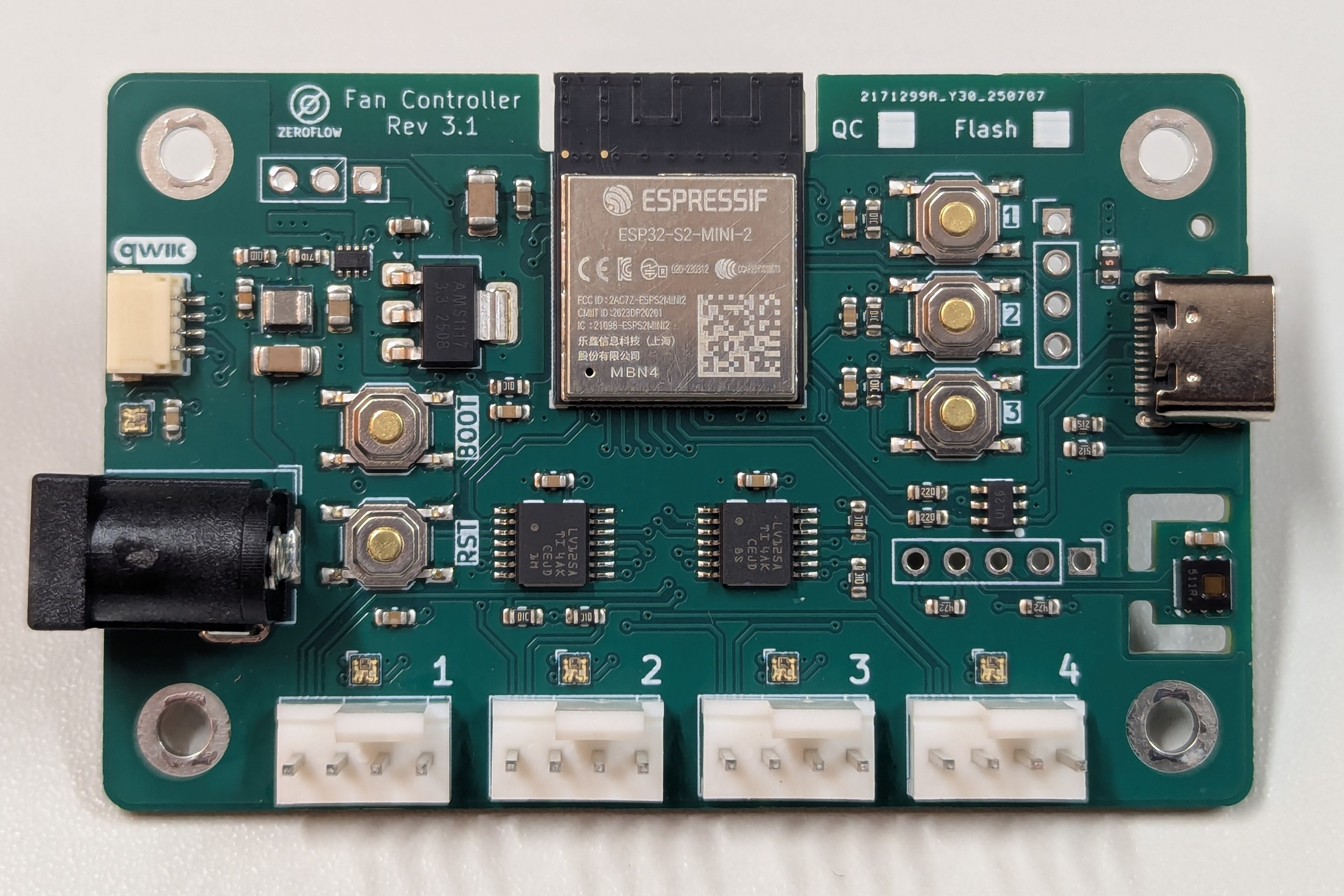 ESP32-S2 WiFi Fan Controller Rev 3.1 PCB - first revision with per-fan RGB status LEDs