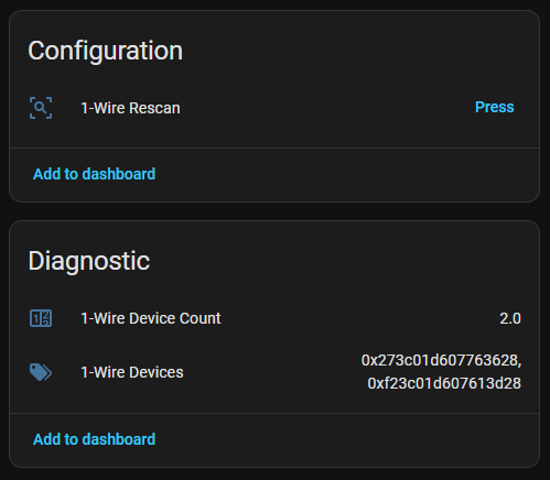 The DS2484 diagnostic helpers in Home Assistant: a 1-Wire Rescan button, a device count of 2, and the two ROM addresses found on the bus