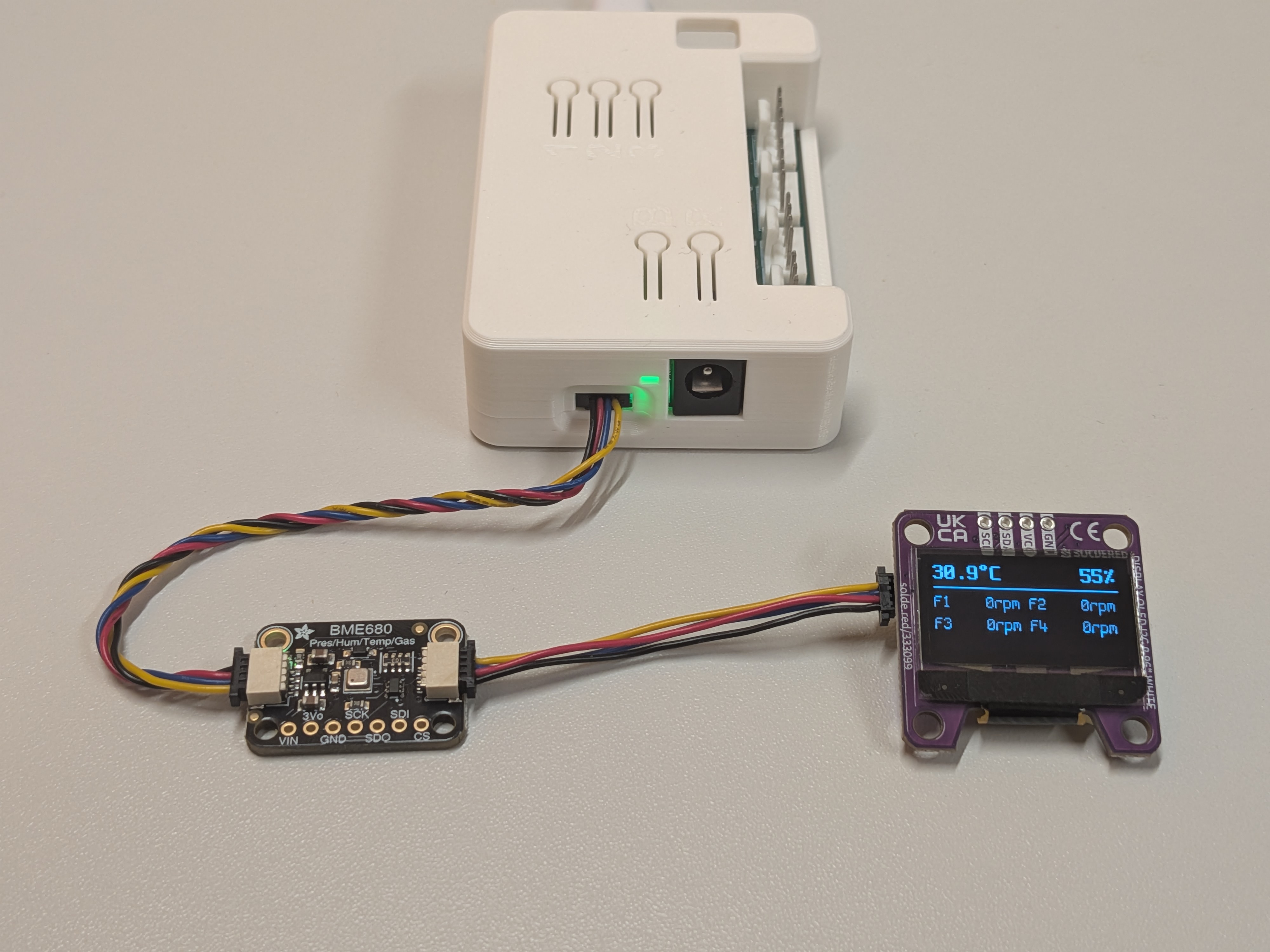 WiFi Fan Controller with a Qwiic / STEMMA QT expansion board connected to the solderless JST-SH port